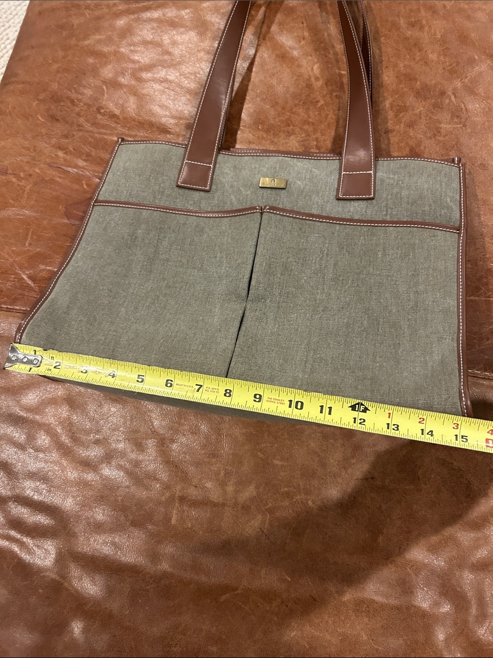 Etienne Aigner Olive Canvas Messenger Tote with Brown Leather Trim - Picture 3 of 8